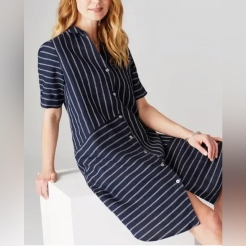 J. Jill Love Linen Navy and White Button Up Linen Relaxed lLinen Dress Sz Large - Picture 4 of 17